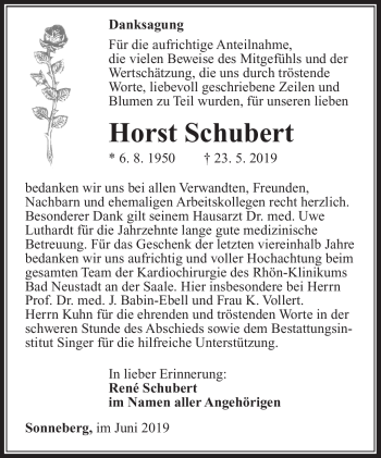 Traueranzeige von Schubert Horst von Südthüringer Presse
