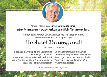 Traueranzeige von Herbert Baumgardt von Südthüringer Presse