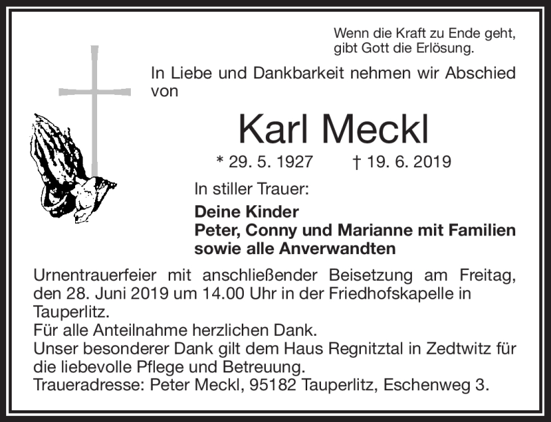  Traueranzeige für Karl Meckl vom 26.06.2019 aus Frankenpost