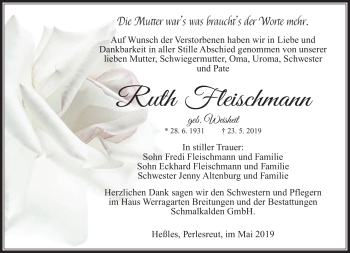 Traueranzeige von Ruth Fleischmann von Südthüringer Presse