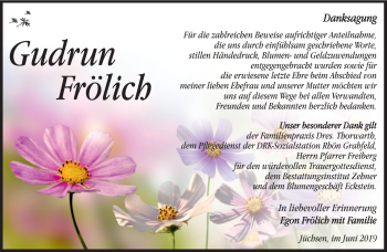 Traueranzeige von Gudrun Frölich von Südthüringer Presse