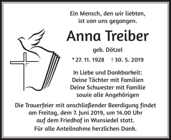 Traueranzeige von Anna Treiber von Frankenpost