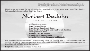 Traueranzeige von Norbert Beduhn von Südthüringer Presse