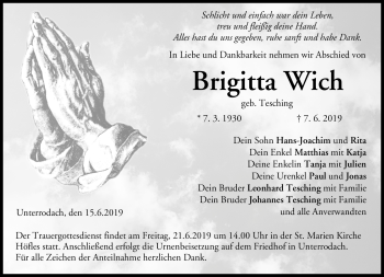 Traueranzeige von Brigitta Wich von Neue Presse Coburg