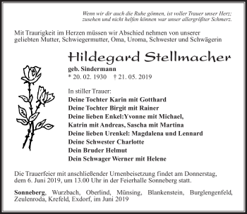 Traueranzeige von Hildegard Stellmacher von Südthüringer Presse