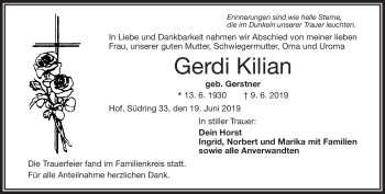 Traueranzeige von Gerdi Kilian von Frankenpost