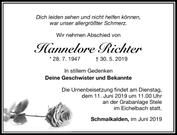 Traueranzeige von Hannelore Richter von Südthüringer Presse