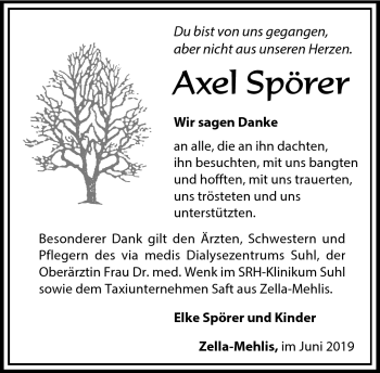 Traueranzeige von Axel Spörer von Südthüringer Presse