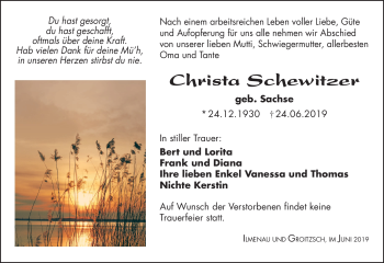 Traueranzeige von Christa Schewitzer von Südthüringer Presse