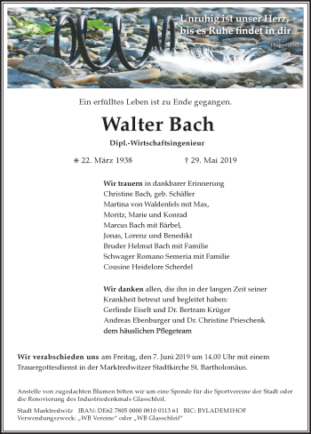 Traueranzeige von Walter Bach von Neue Presse Coburg