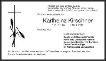 Traueranzeige von Karlheinz Kirschner von Frankenpost