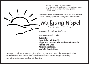 Traueranzeige von Wolfgang Nispel von Frankenpost
