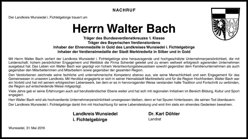  Traueranzeige für Walter Bach vom 01.06.2019 aus Frankenpost