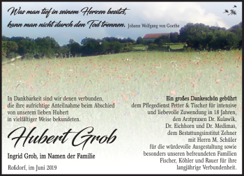 Traueranzeige von Hubert Grob von Südthüringer Presse