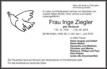 Traueranzeige von Inge Ziegler von Frankenpost