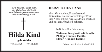 Traueranzeige von Hilda Kind von Südthüringer Presse