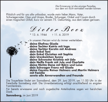 Traueranzeige von Dieter Beez von Südthüringer Presse