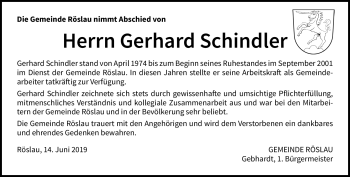 Traueranzeige von Gerhard Schindler von Frankenpost