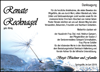 Traueranzeige von Renate Recknagel von Südthüringer Presse