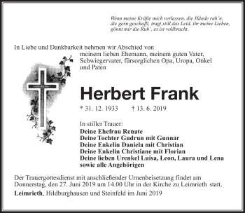 Traueranzeige von Herbert Frank von Südthüringer Presse