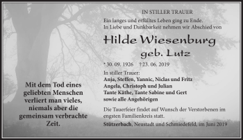 Traueranzeige von Hilde Wiesenburg von Südthüringer Presse
