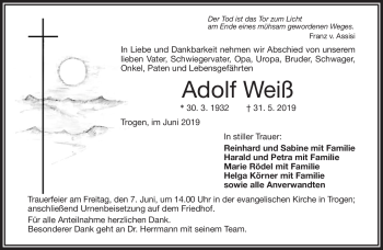 Traueranzeige von Adolf Weiß von Frankenpost