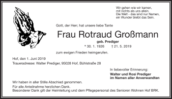 Traueranzeige von Rotraud Großmann von Frankenpost