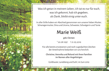 Traueranzeige von Marie Weiß von Südthüringer Presse