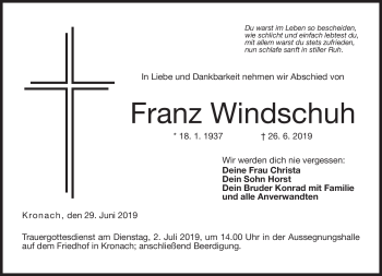 Traueranzeige von Franz Windschuh von Neue Presse Coburg