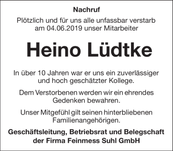 Traueranzeige von Heino Lüdtke von Südthüringer Presse