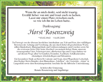 Traueranzeige von Horst Rosenzweig von Südthüringer Presse