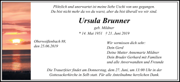 Traueranzeige von Ursula Brunner von Frankenpost