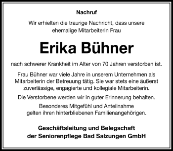 Traueranzeige von Erika Bühner von Südthüringer Presse