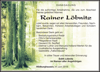 Traueranzeige von Rainer Löbnitz von Südthüringer Presse