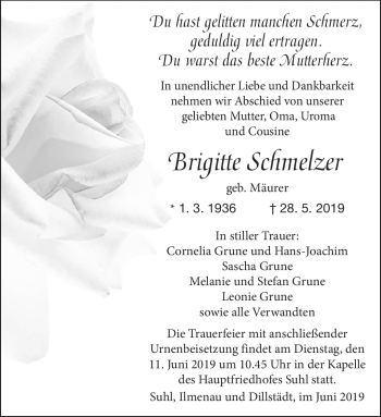 Traueranzeige von Brigitte Schmelzer von Südthüringer Presse