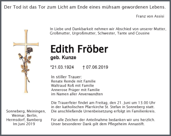 Traueranzeige von Edith Fröber von Südthüringer Presse