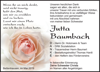 Traueranzeige von Jutta Baumbach von Südthüringer Presse