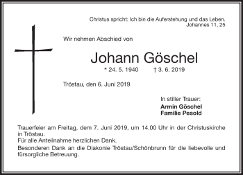 Traueranzeige von Johann Göschel von Frankenpost
