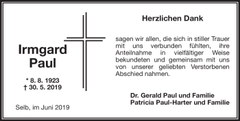 Traueranzeige von Irmgard Paul von Frankenpost