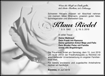 Traueranzeige von Klaus Riedel von Südthüringer Presse