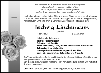 Traueranzeige von Hedwig Lindemann von Südthüringer Presse