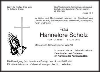Traueranzeige von Hannelore Scholz von Frankenpost