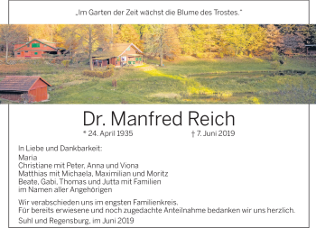 Traueranzeige von Manfred Reich von Südthüringer Presse