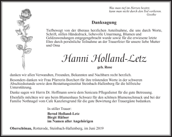 Traueranzeige von Hanni Holland-Letz von Südthüringer Presse
