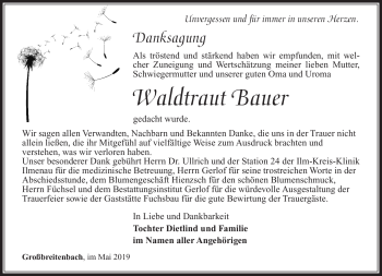 Traueranzeige von Waldtraut Bauer von Südthüringer Presse