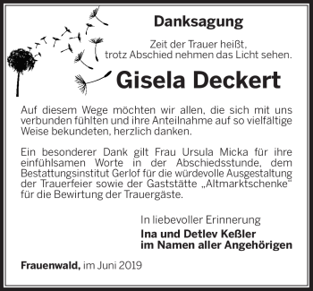 Traueranzeige von Gisela Deckert von Südthüringer Presse