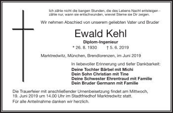 Traueranzeige von Ewald Kehl von Frankenpost