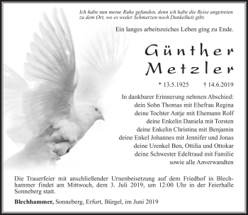 Traueranzeige von Günther Metzler von Südthüringer Presse