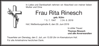 Traueranzeige von Rita Rinesch von Frankenpost