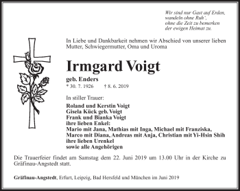 Traueranzeige von Irmgard Voigt von Südthüringer Presse